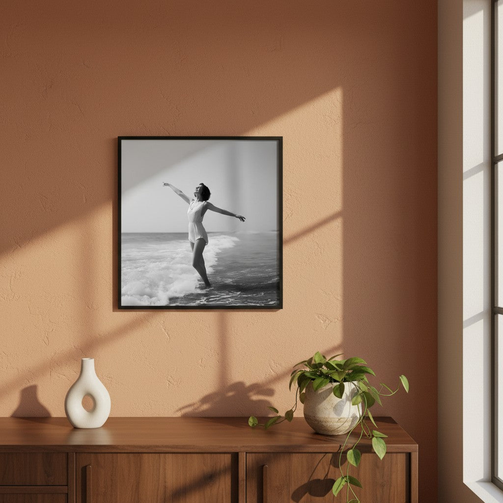 Vintage Black White Beach Woman Art art print shown in a square modern credenza terracotta setting