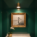 Vintage Black White Beach Woman Art art print shown in a square powder room emerald setting