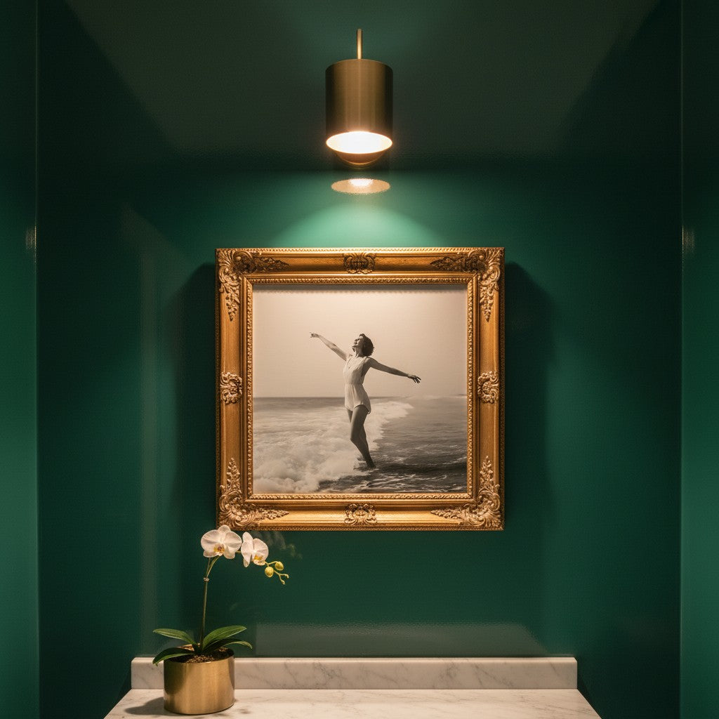 Vintage Black White Beach Woman Art art print shown in a square powder room emerald setting