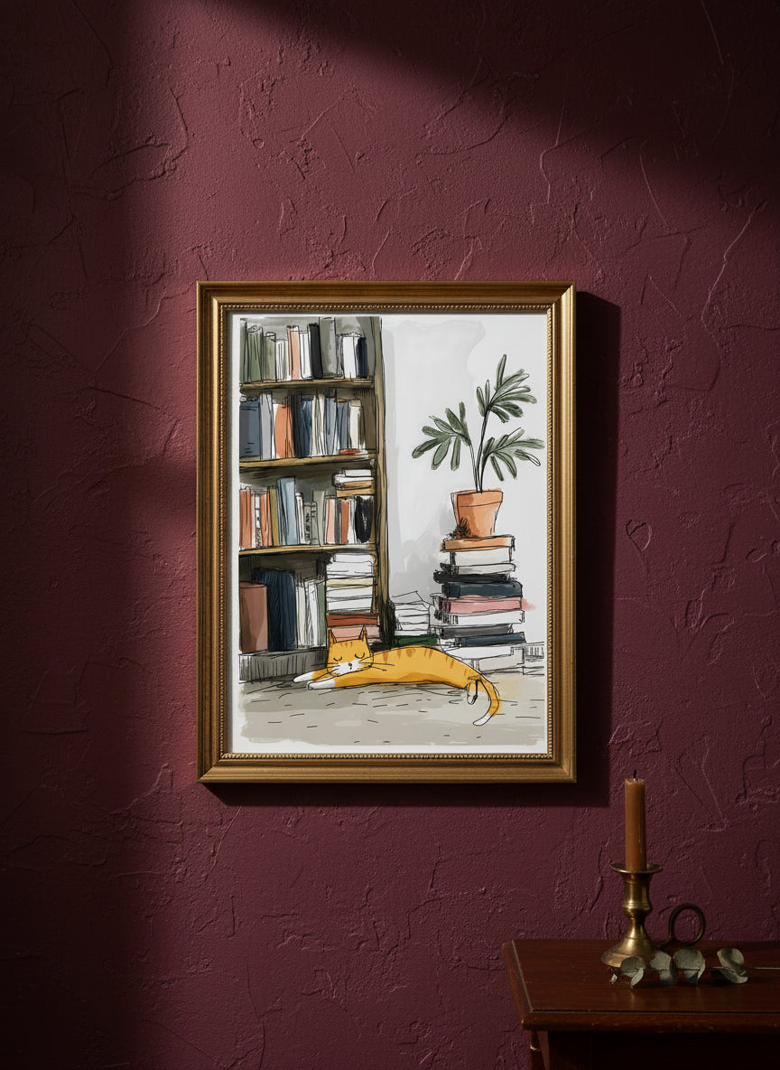Sleeping Cat Bookshelf Art art print shown in a burgundy brass setting