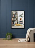 Sleeping Cat Bookshelf Art art print shown in a charcoal minimal black setting