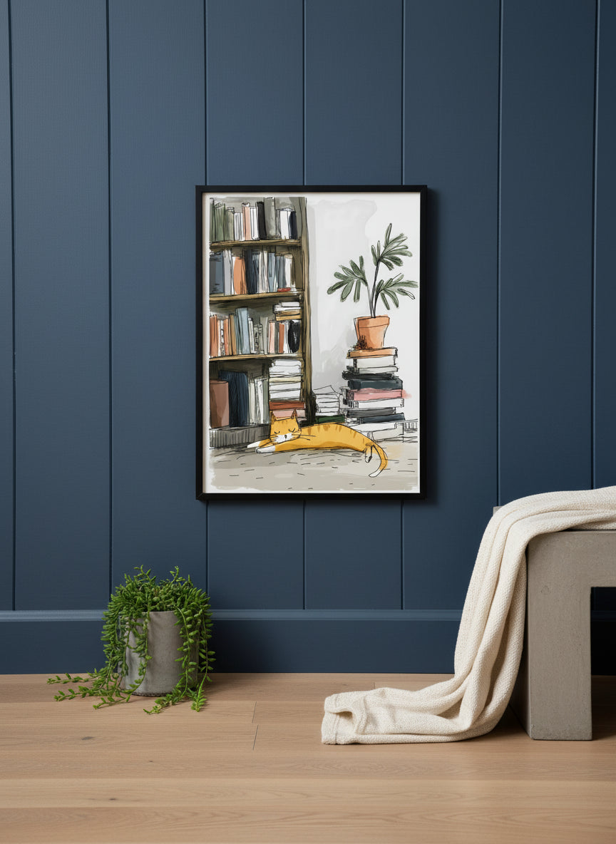 Sleeping Cat Bookshelf Art art print shown in a charcoal minimal black setting