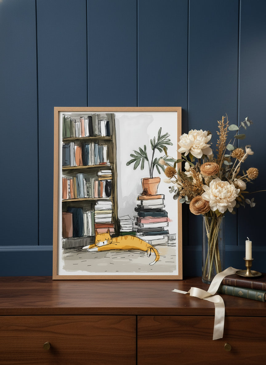 Sleeping Cat Bookshelf Art art print shown in a dresser dried florals setting
