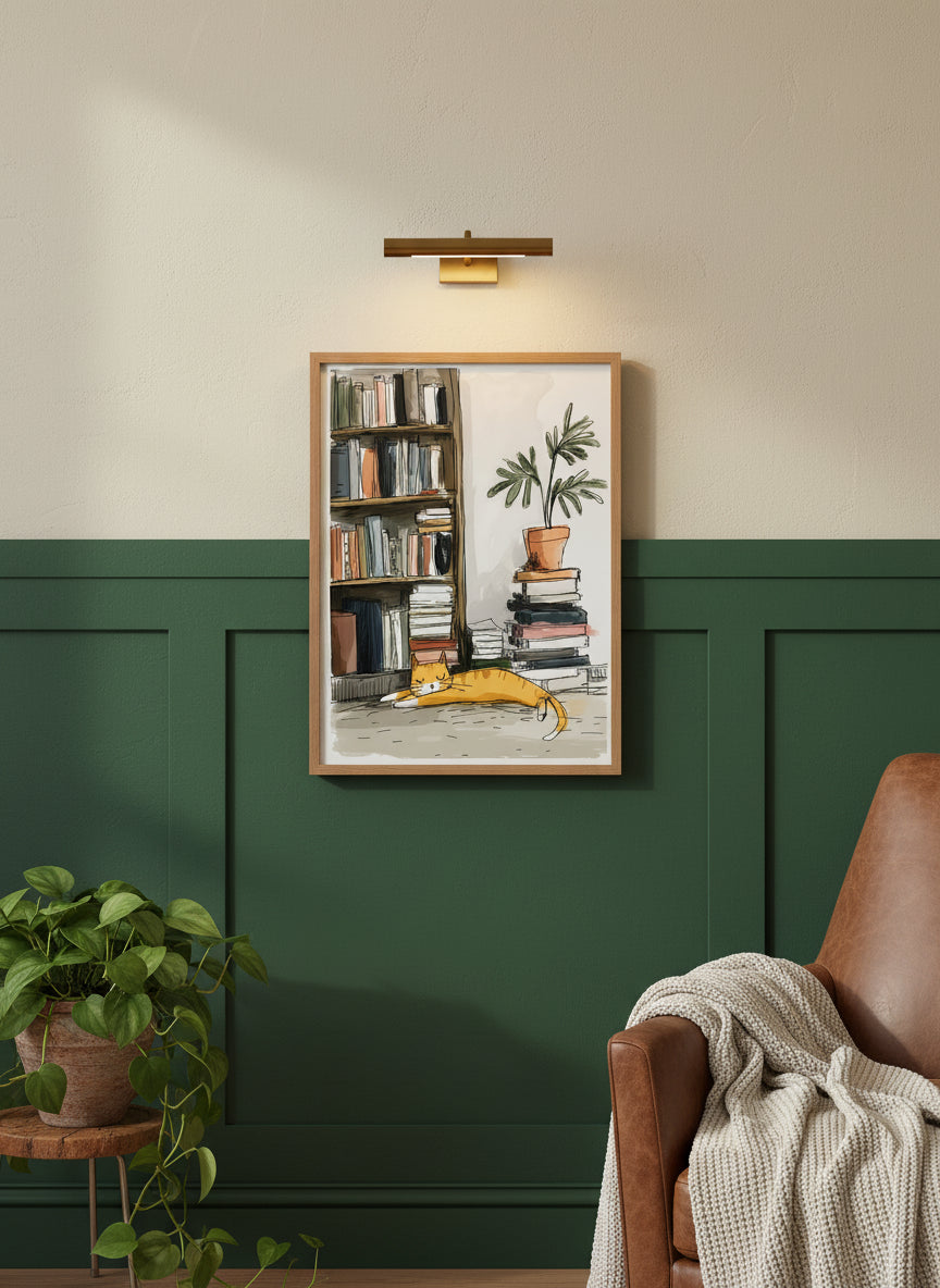 Sleeping Cat Bookshelf Art art print shown in a forest green walnut setting