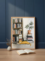 Sleeping Cat Bookshelf Art art print shown in a navy paneled oak setting