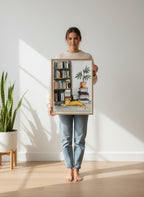 Sleeping Cat Bookshelf Art art print shown in a person holding bright setting