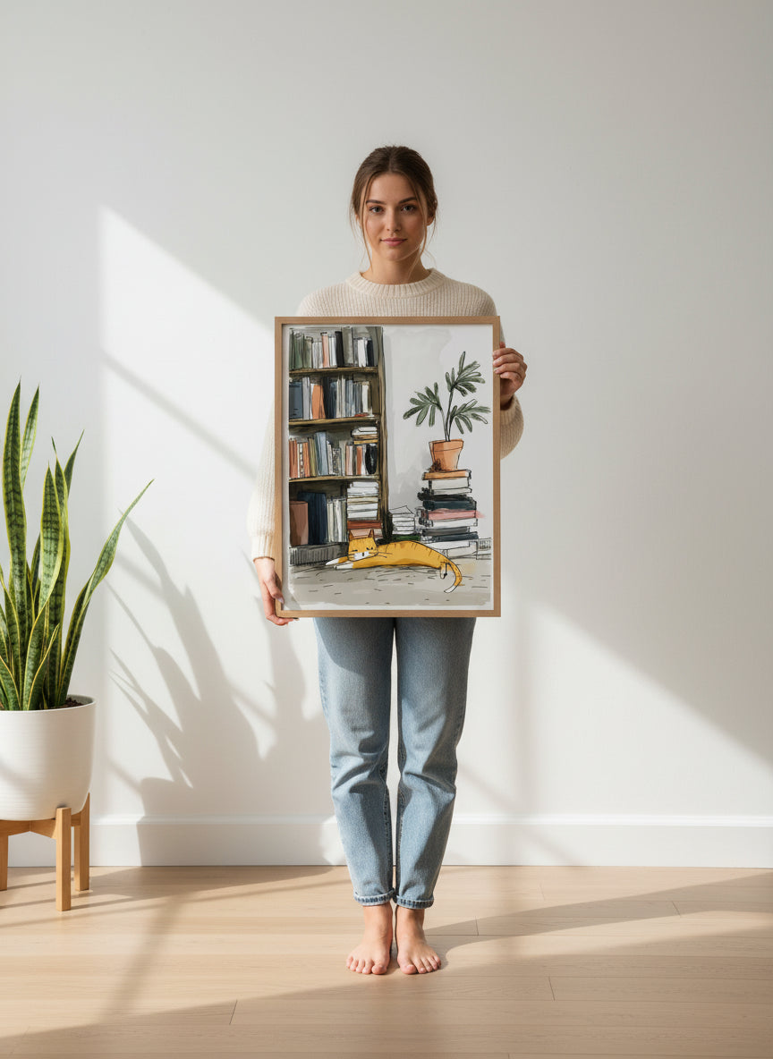 Sleeping Cat Bookshelf Art art print shown in a person holding bright setting