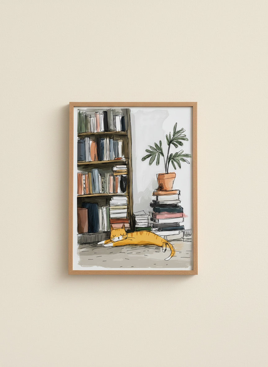 Sleeping Cat Bookshelf Art art print