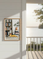 Sleeping Cat Bookshelf Art art print shown in a shiplap blurred view setting