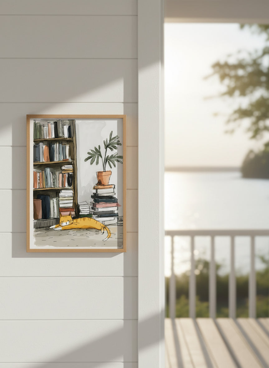 Sleeping Cat Bookshelf Art art print shown in a shiplap blurred view setting