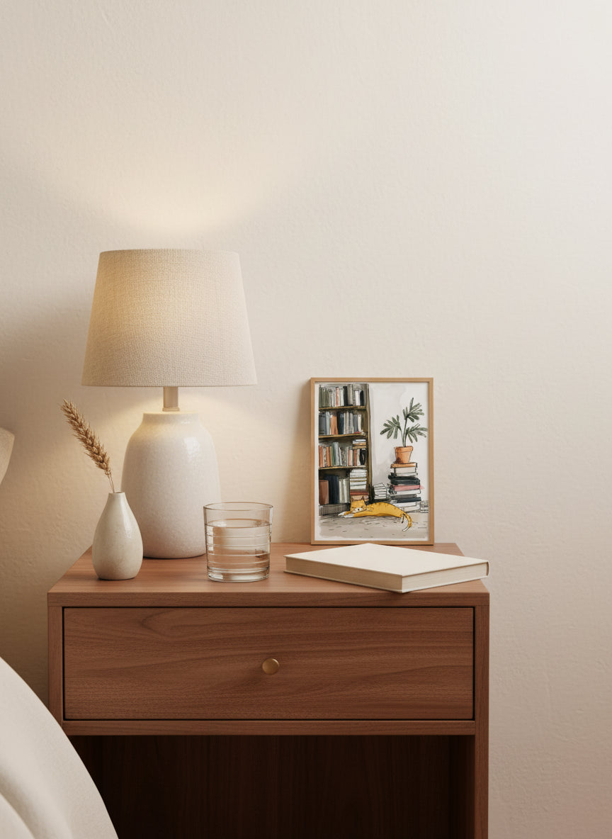 Sleeping Cat Bookshelf Art art print shown in a small bedside oak setting