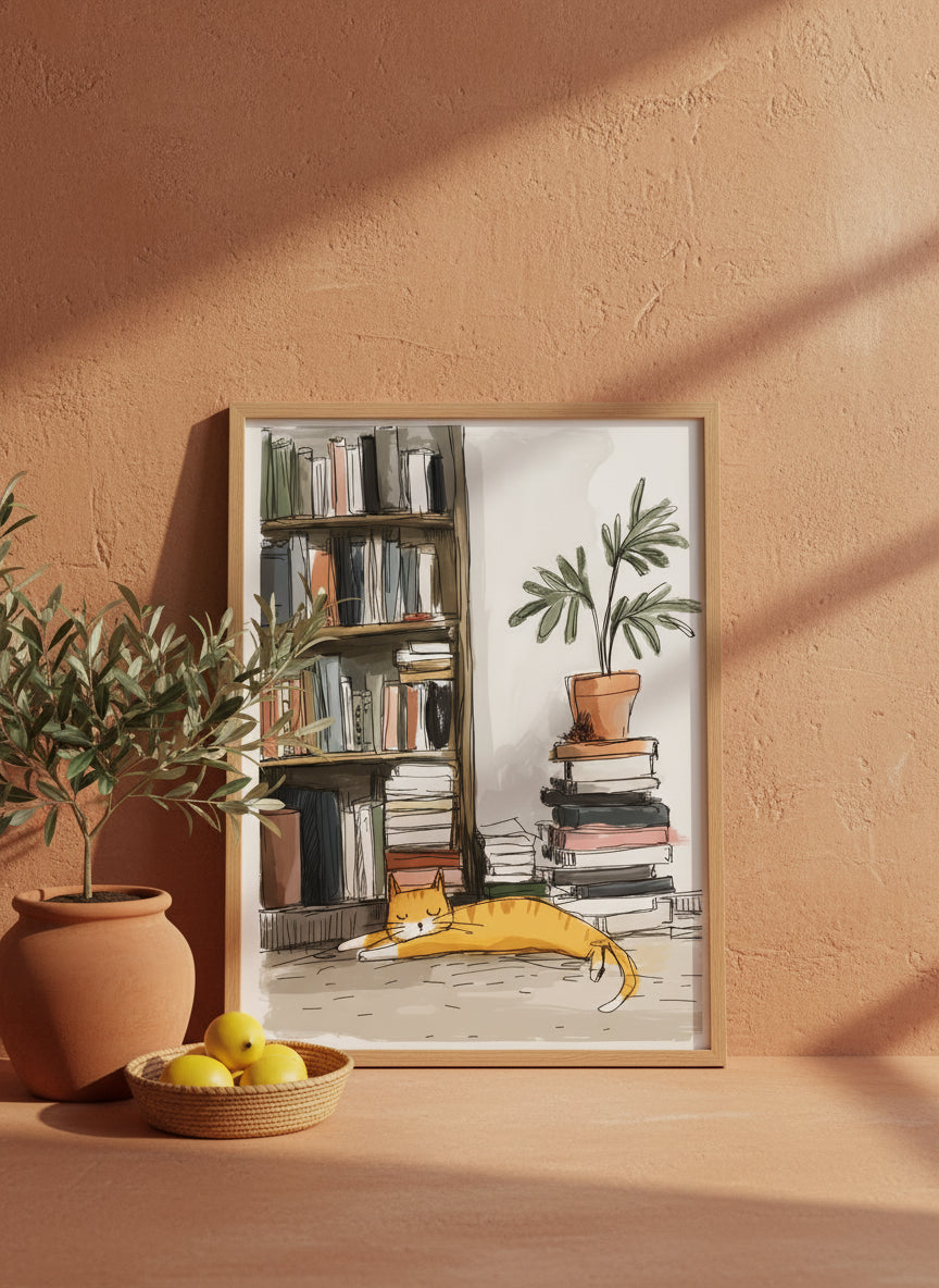 Sleeping Cat Bookshelf Art art print shown in a terracotta rustic setting