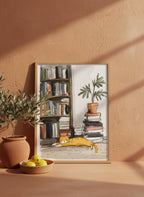 Sleeping Cat Bookshelf Art art print shown in a terracotta rustic setting