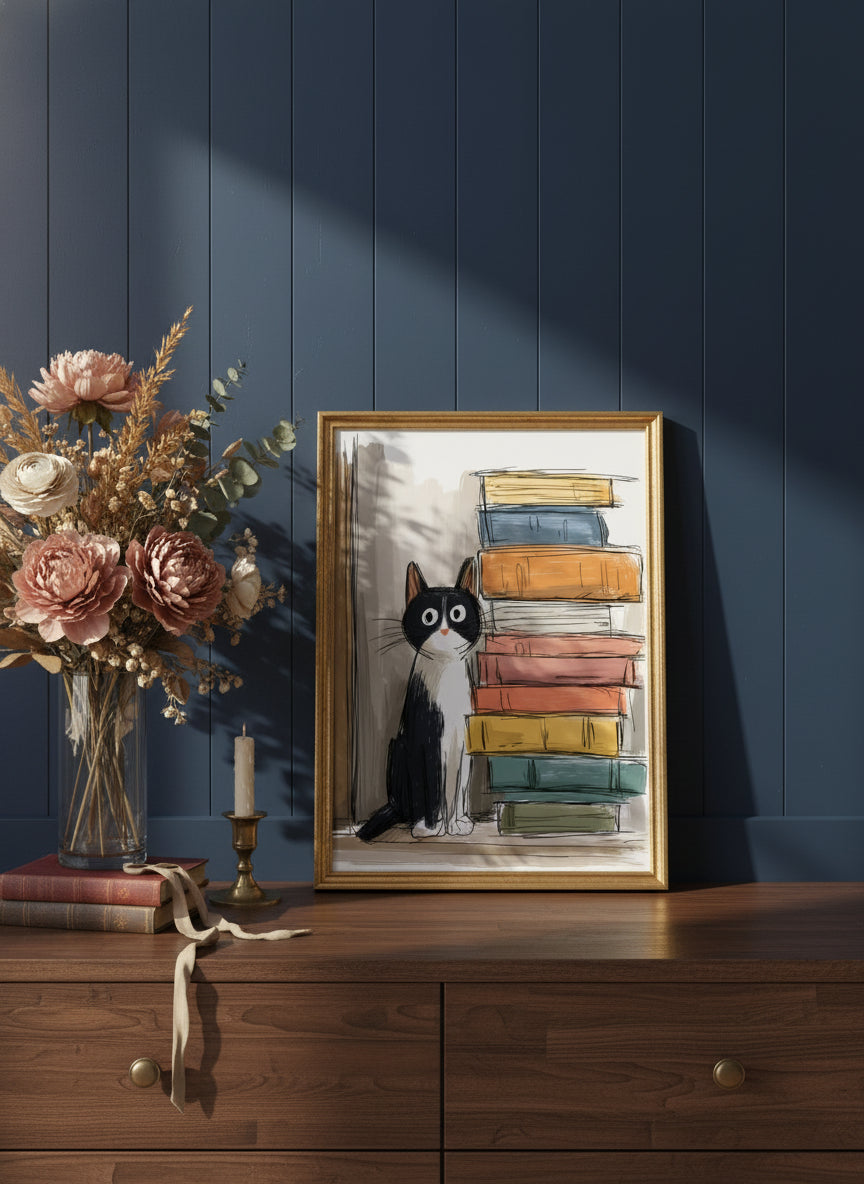 Tuxedo Cat Books Art art print shown in a dresser dried florals setting