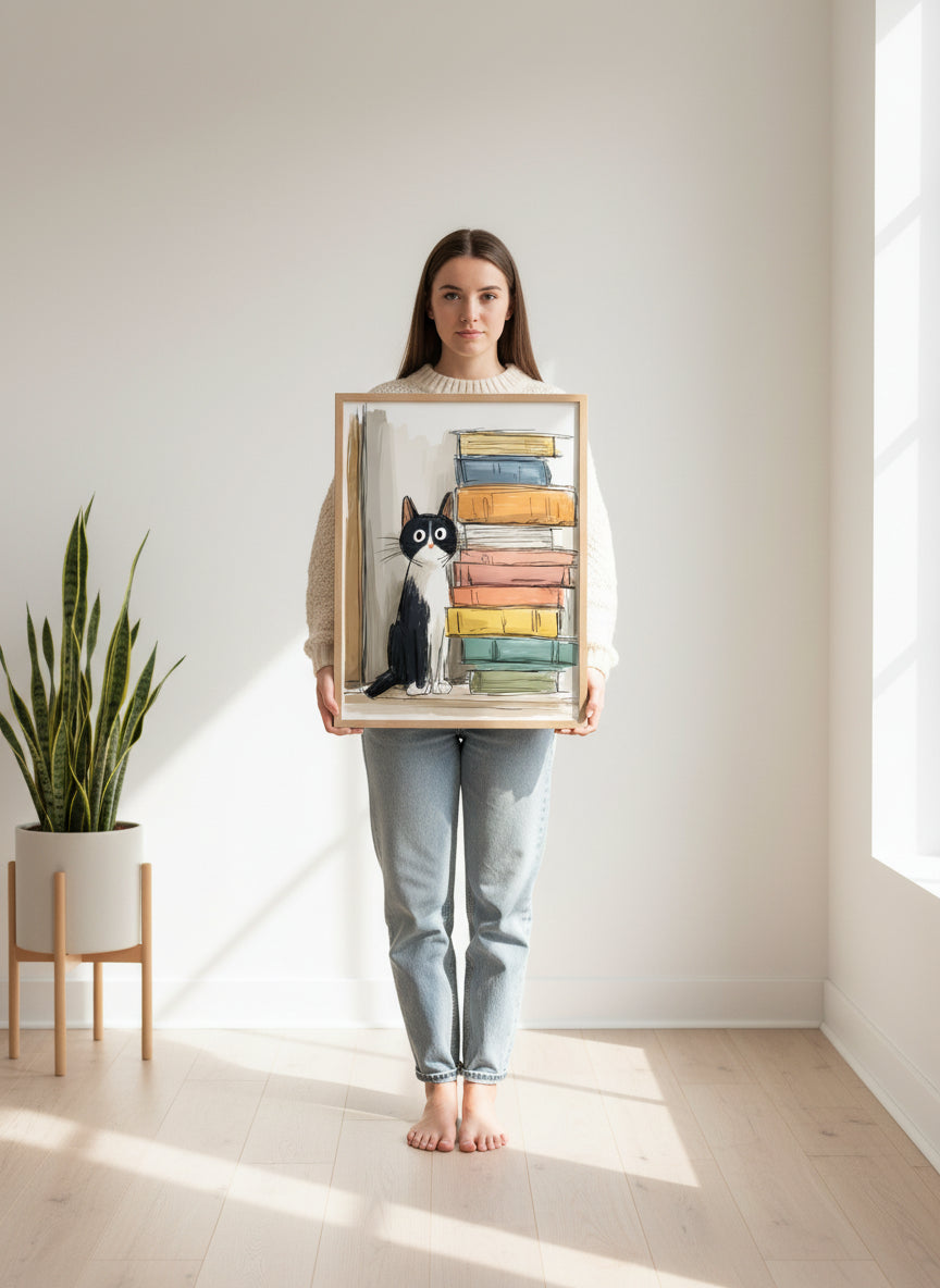 Tuxedo Cat Books Art art print shown in a person holding bright setting