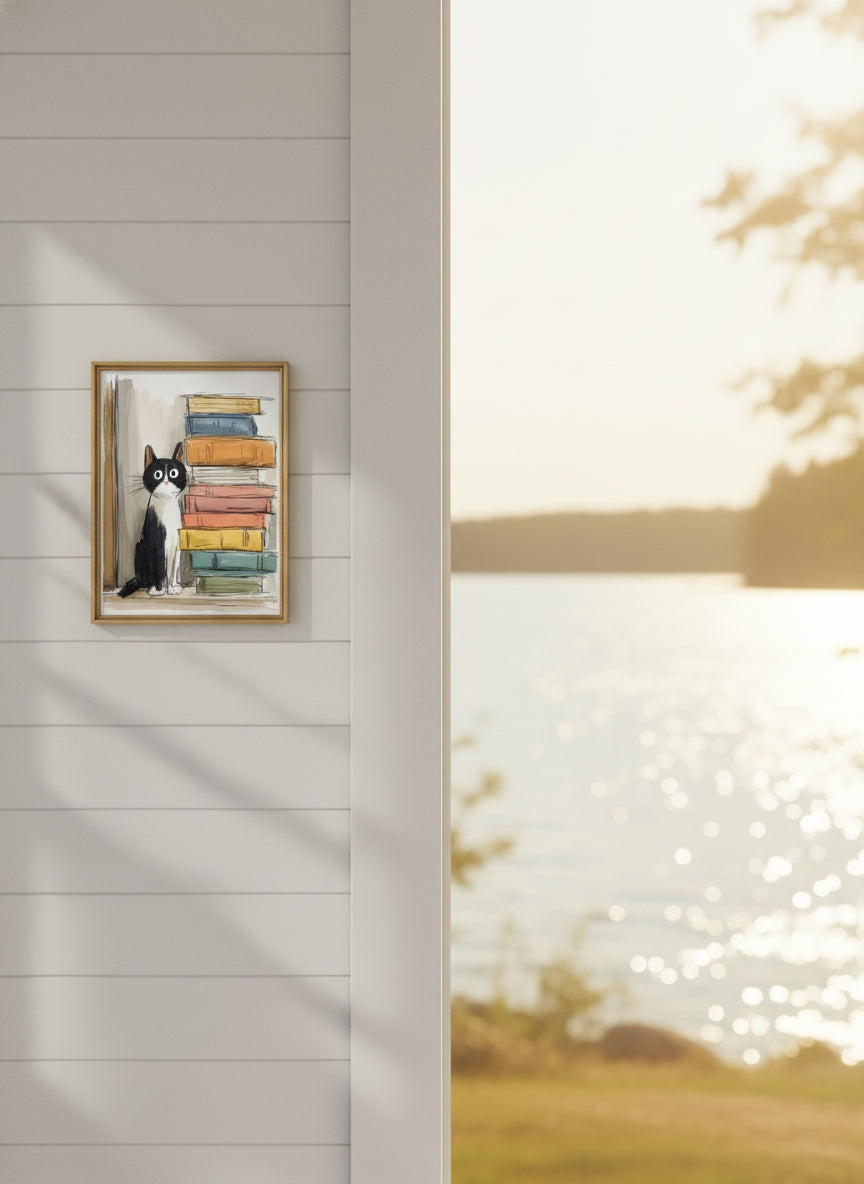 Tuxedo Cat Books Art art print shown in a shiplap blurred view setting