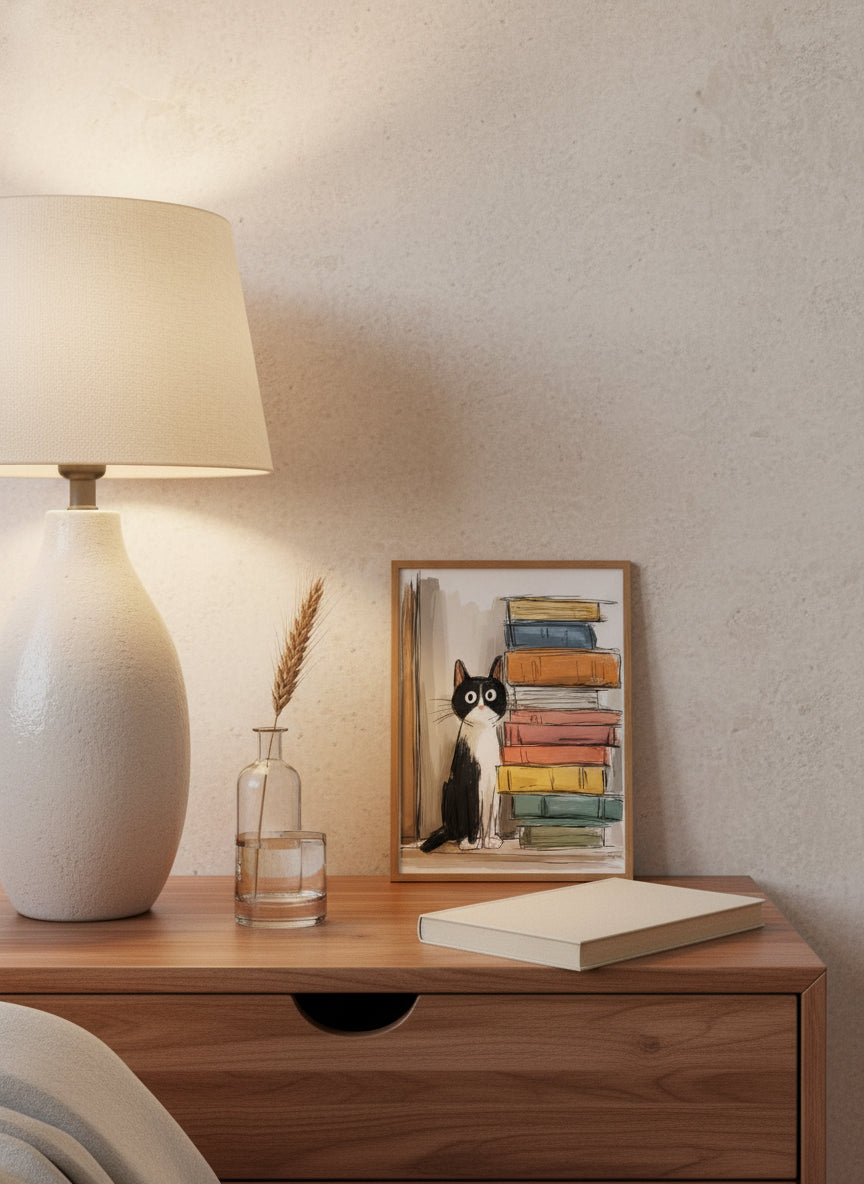 Tuxedo Cat Books Art art print shown in a small bedside oak setting