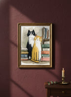 Two Cats Bookshelf Art art print shown in a burgundy brass setting