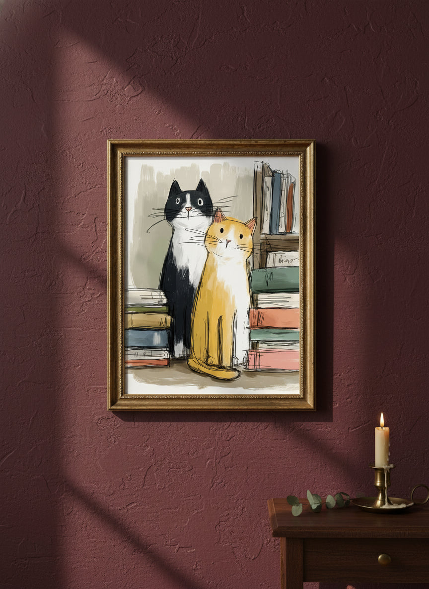 Two Cats Bookshelf Art art print shown in a burgundy brass setting