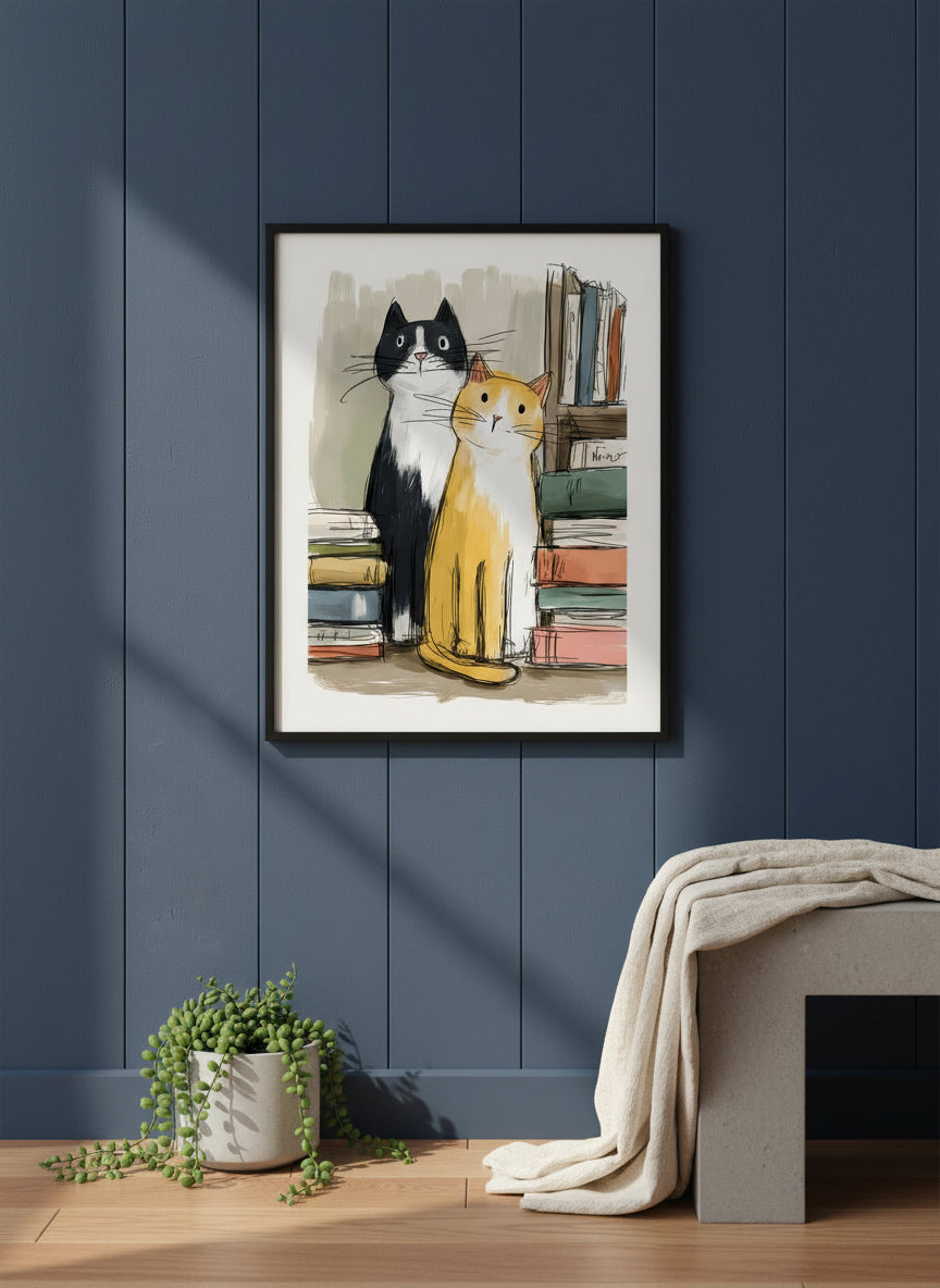 Two Cats Bookshelf Art art print shown in a charcoal minimal black setting