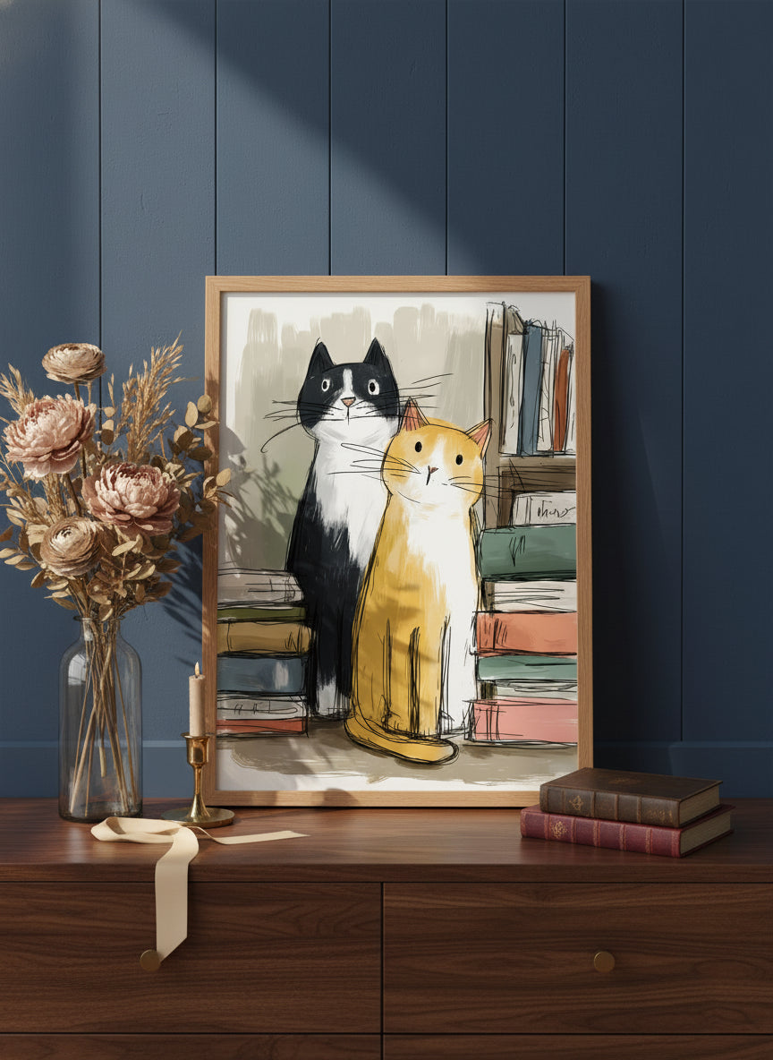 Two Cats Bookshelf Art art print shown in a dresser dried florals setting