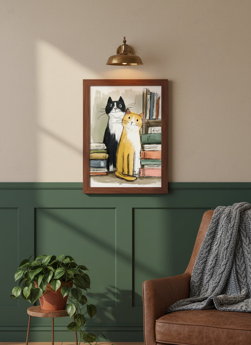 Two Cats Bookshelf Art art print shown in a forest green walnut setting