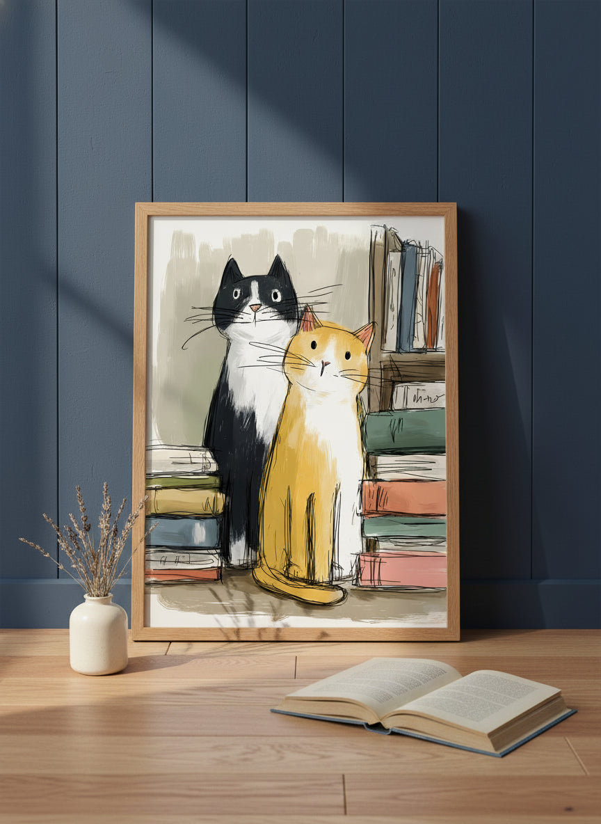 Two Cats Bookshelf Art art print shown in a navy paneled oak setting