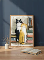 Two Cats Bookshelf Art art print shown in a navy paneled oak setting