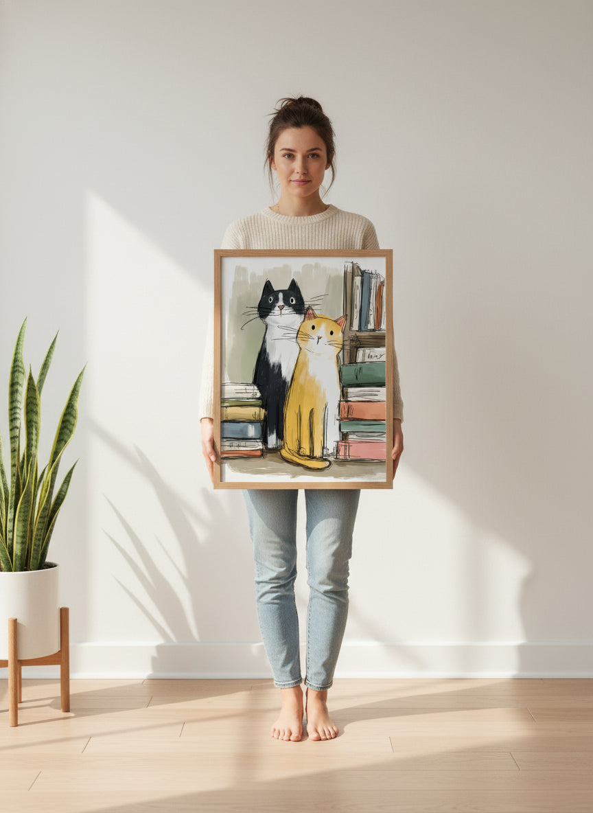 Two Cats Bookshelf Art art print shown in a person holding bright setting