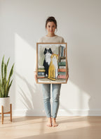 Two Cats Bookshelf Art art print shown in a person holding bright setting