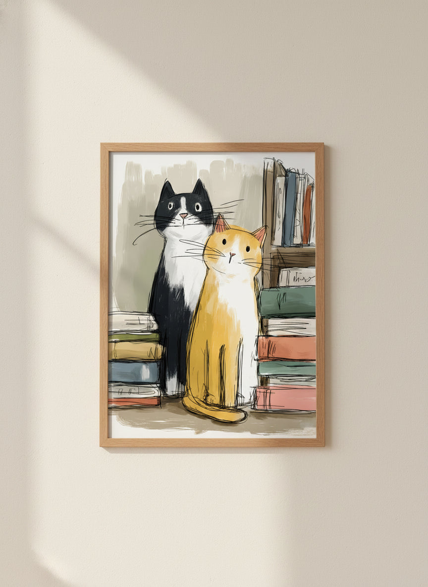 Two Cats Bookshelf Art art print