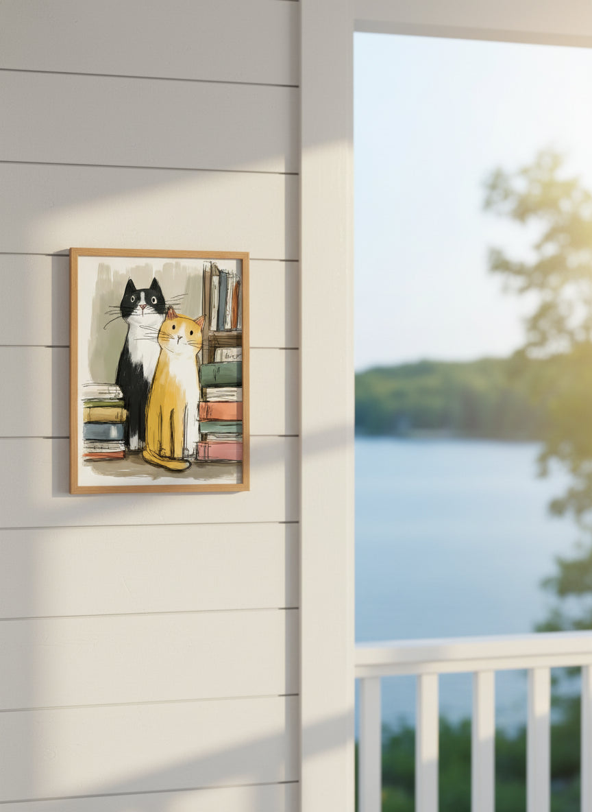 Two Cats Bookshelf Art art print shown in a shiplap blurred view setting