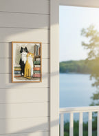 Two Cats Bookshelf Art art print shown in a shiplap blurred view setting