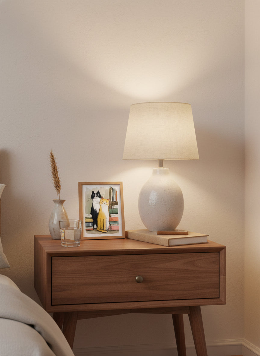 Two Cats Bookshelf Art art print shown in a small bedside oak setting