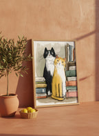 Two Cats Bookshelf Art art print shown in a terracotta rustic setting