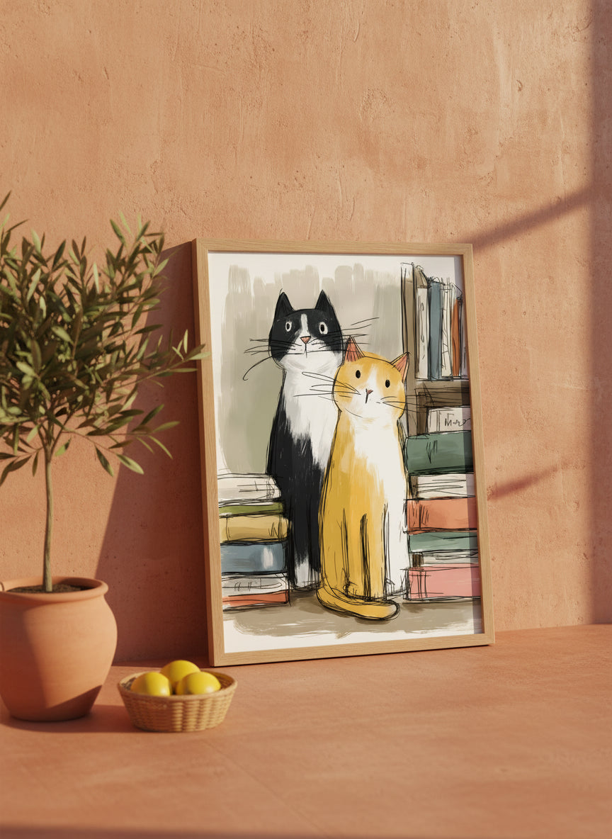 Two Cats Bookshelf Art art print shown in a terracotta rustic setting