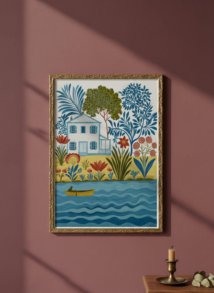 Folk Art Riverside Cottage Botanical art print shown in a burgundy brass setting