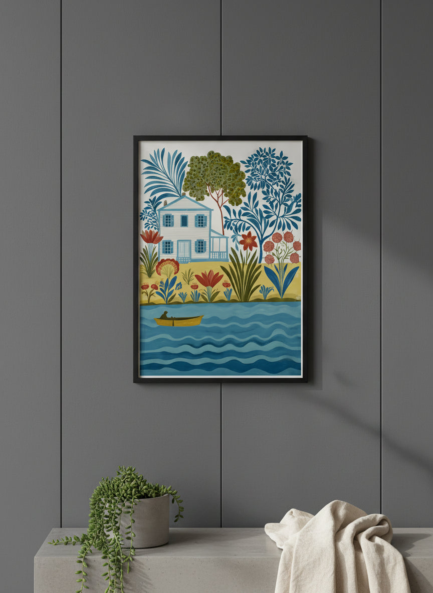 Folk Art Riverside Cottage Botanical art print shown in a charcoal minimal black setting