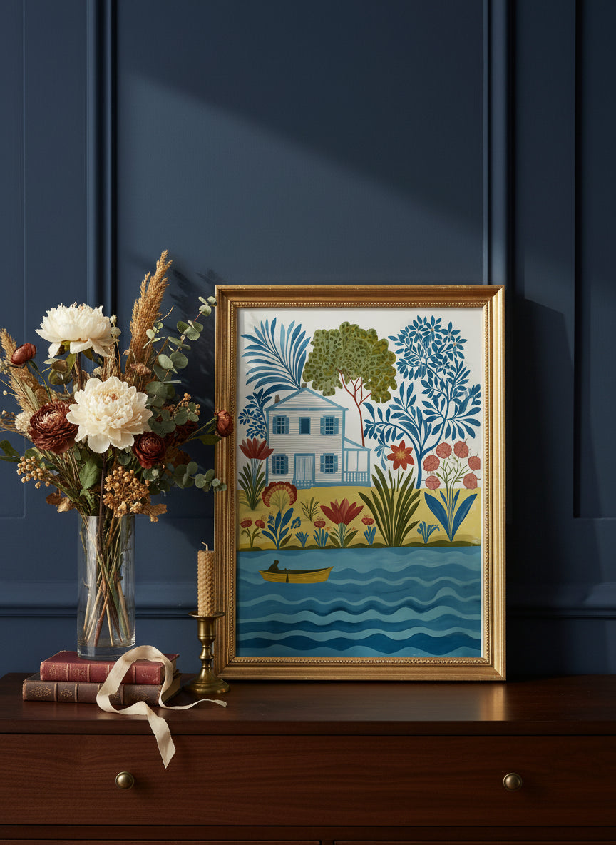 Folk Art Riverside Cottage Botanical art print shown in a dresser dried florals setting