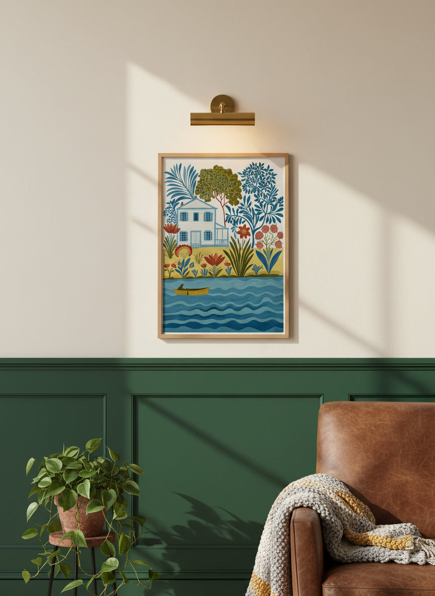 Folk Art Riverside Cottage Botanical art print shown in a forest green walnut setting