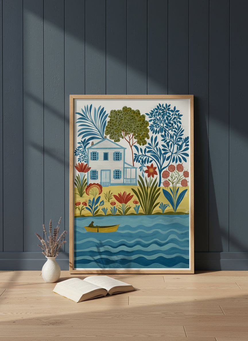 Folk Art Riverside Cottage Botanical art print shown in a navy paneled oak setting