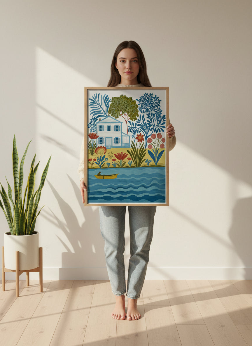 Folk Art Riverside Cottage Botanical art print shown in a person holding bright setting