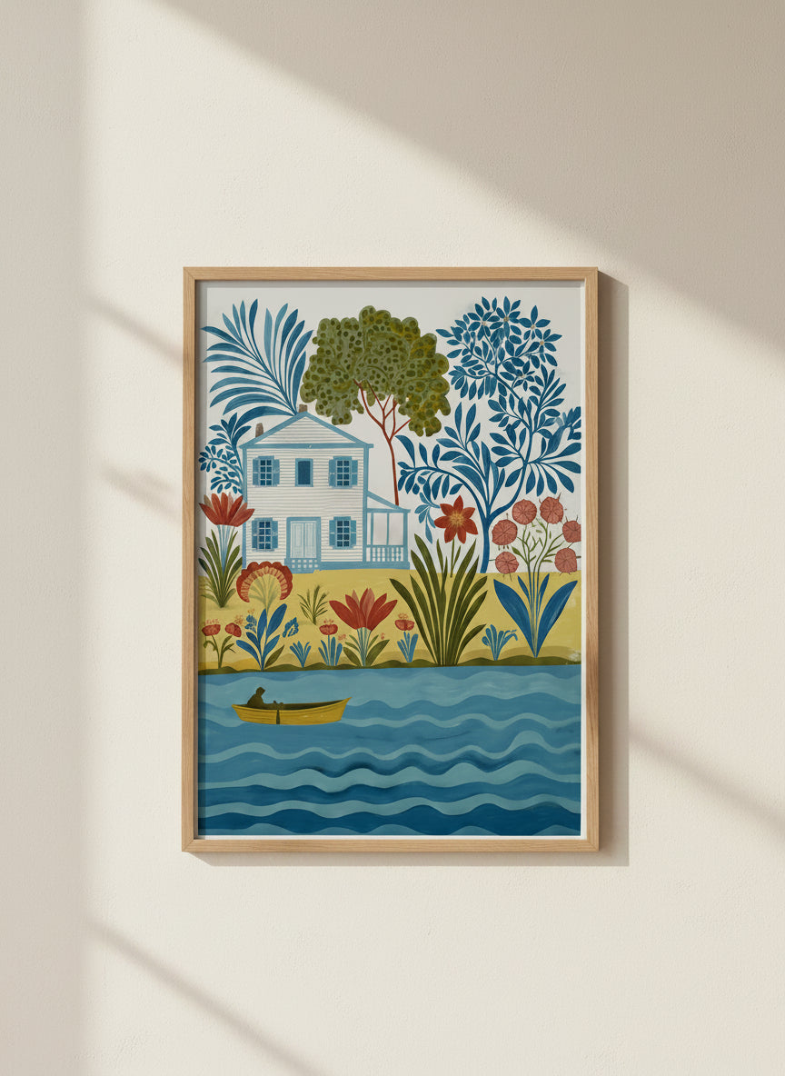 Folk Art Riverside Cottage Botanical art print
