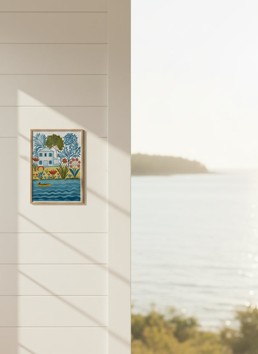 Folk Art Riverside Cottage Botanical art print shown in a shiplap blurred view setting