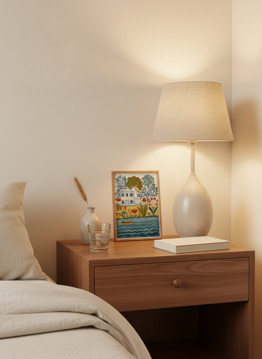 Folk Art Riverside Cottage Botanical art print shown in a small bedside oak setting