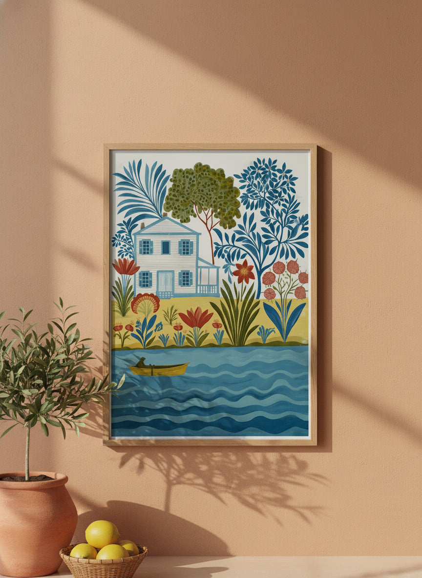 Folk Art Riverside Cottage Botanical art print shown in a terracotta rustic setting