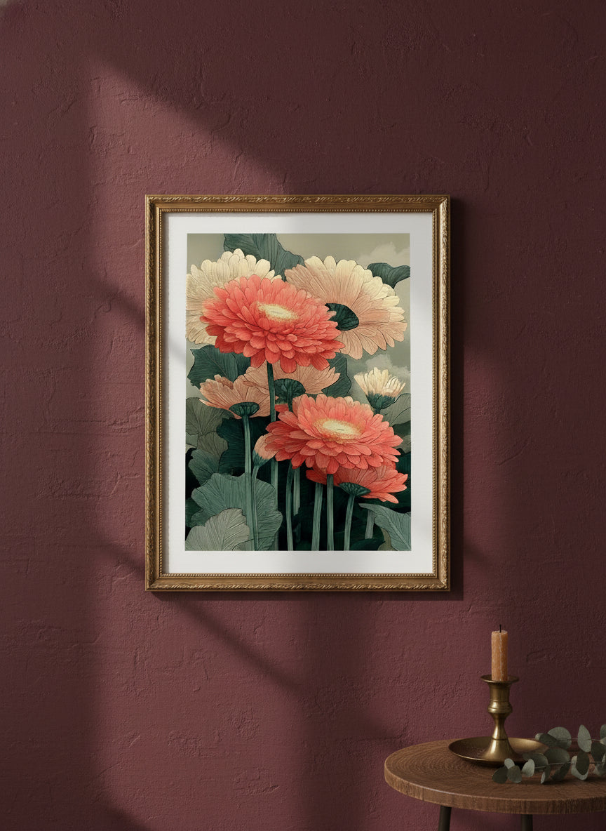 Botanical Gerbera Daisy Art art print shown in a burgundy brass setting