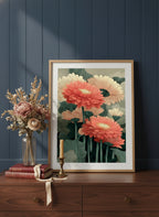 Botanical Gerbera Daisy Art art print shown in a dresser dried florals setting