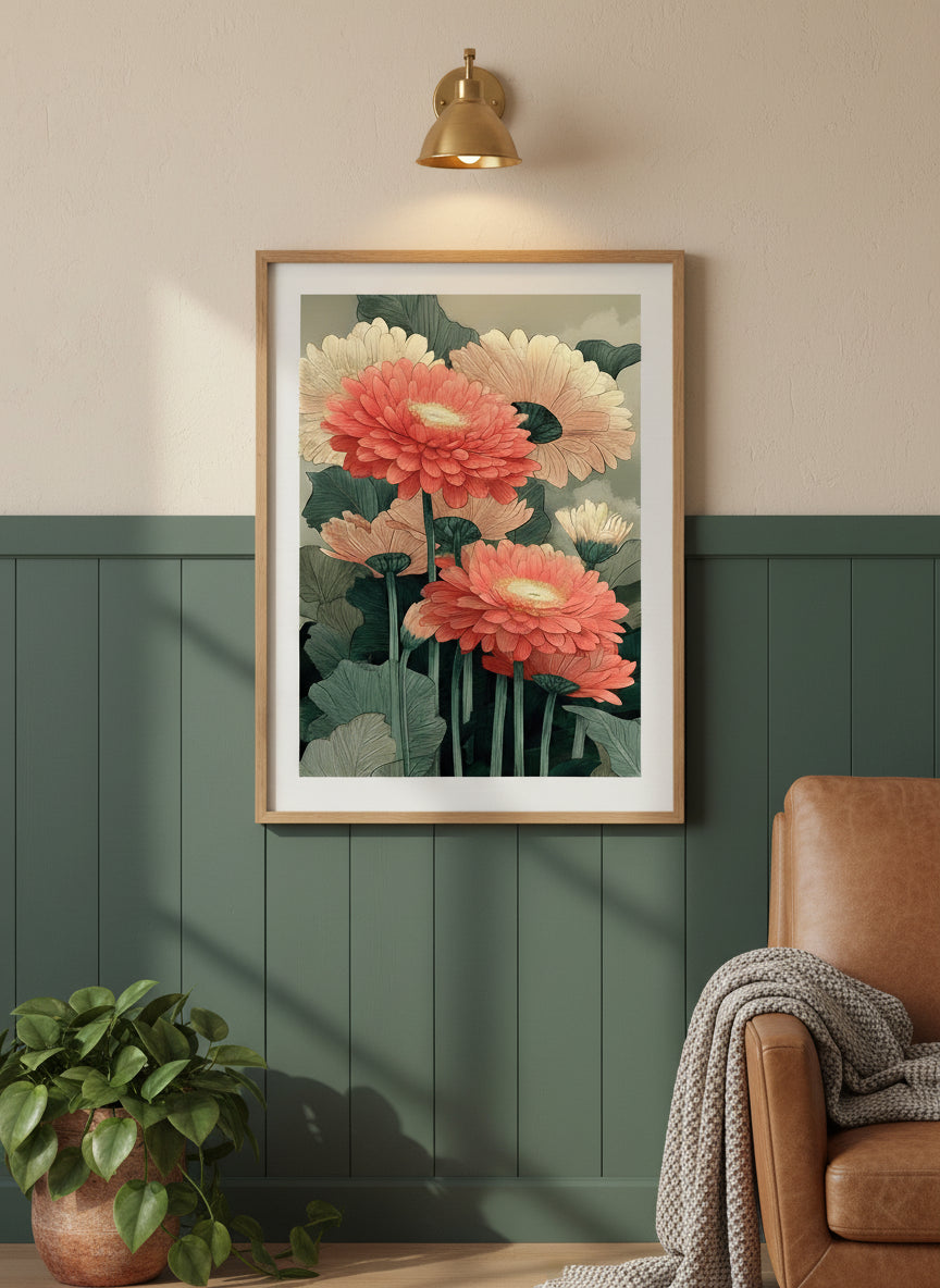 Botanical Gerbera Daisy Art art print shown in a forest green walnut setting