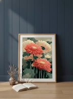 Botanical Gerbera Daisy Art art print shown in a navy paneled oak setting